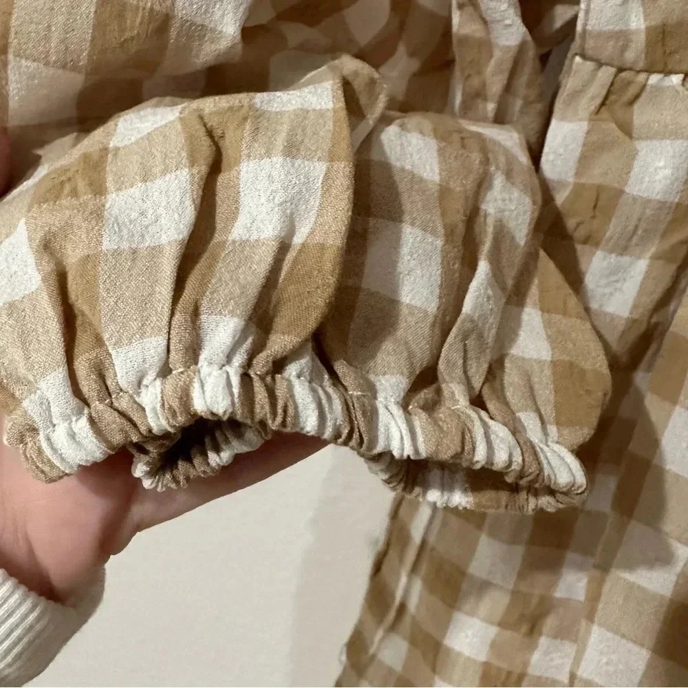 Umgee Gingham Beige & White Fall 3/4 Sleeve Tie Back A-Line Dress Size M NWT - Picture 10 of 13